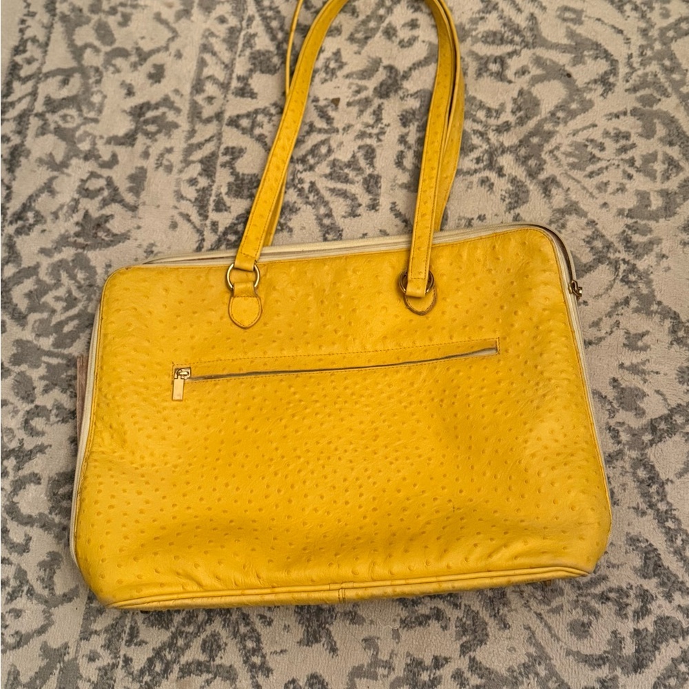 Yellow Faux-Ostrich Tote Bag with Front Zip Pocket